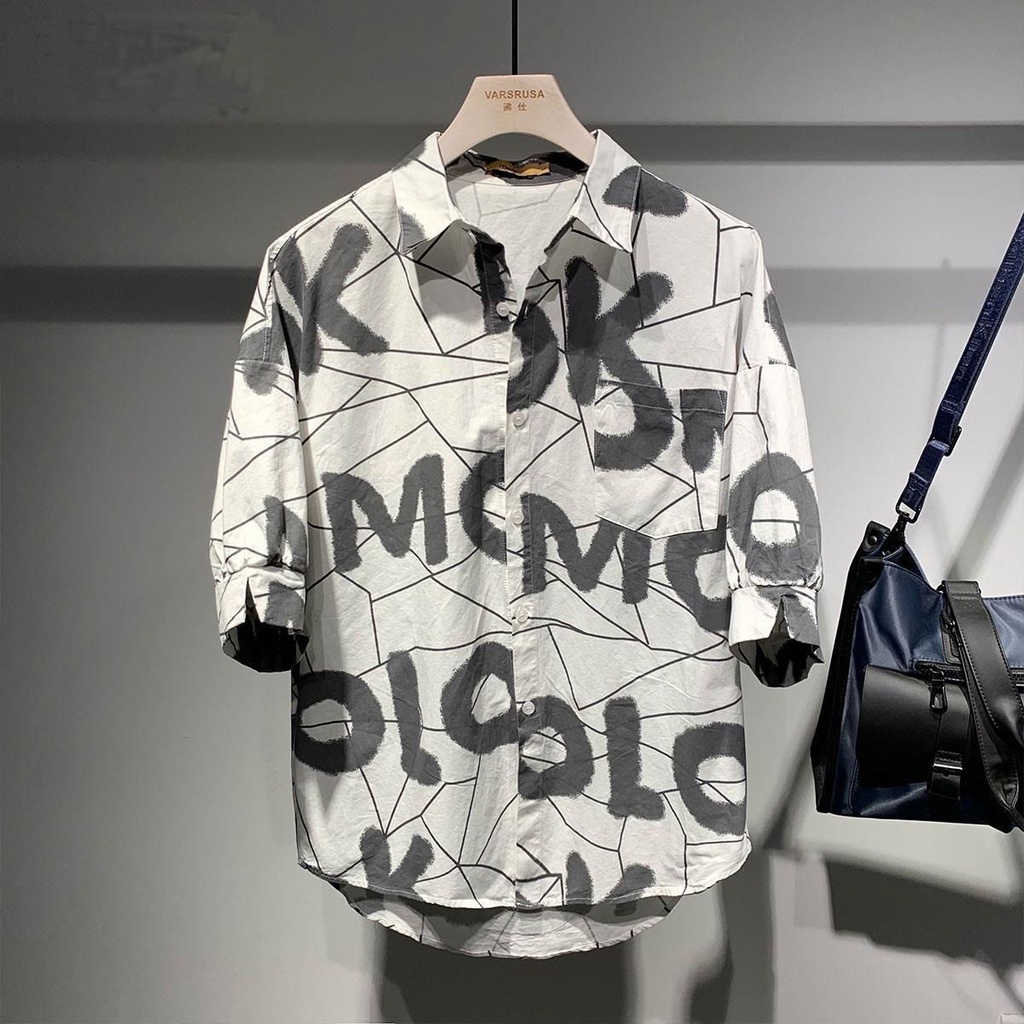 Áo Sơ Mi Tay Ngắn Dáng Rộng In Chữ Sáng Tạo Thời Trang Mùa Hè Cho Nam Size S-4Xl 2 Phong Cách
