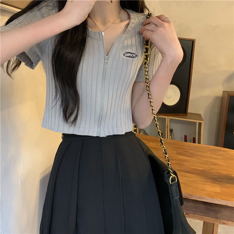 Áo Dệt Kim Tay Ngắn Phối Khóa Kéo Thời Trang Mùa Hè Cho Nữ