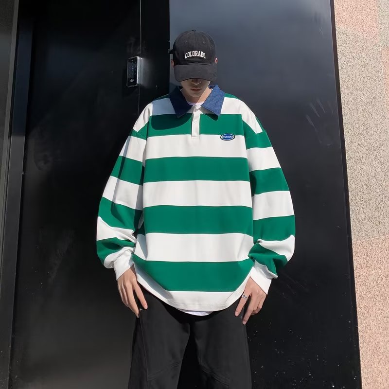 Áo Thun POLO Tay Dài Dáng Rộng Họa Tiết Kẻ Sọc Phong Cách Harajuku Thời Trang Mùa Hè Mới 2023 Dành Cho Bạn Nam