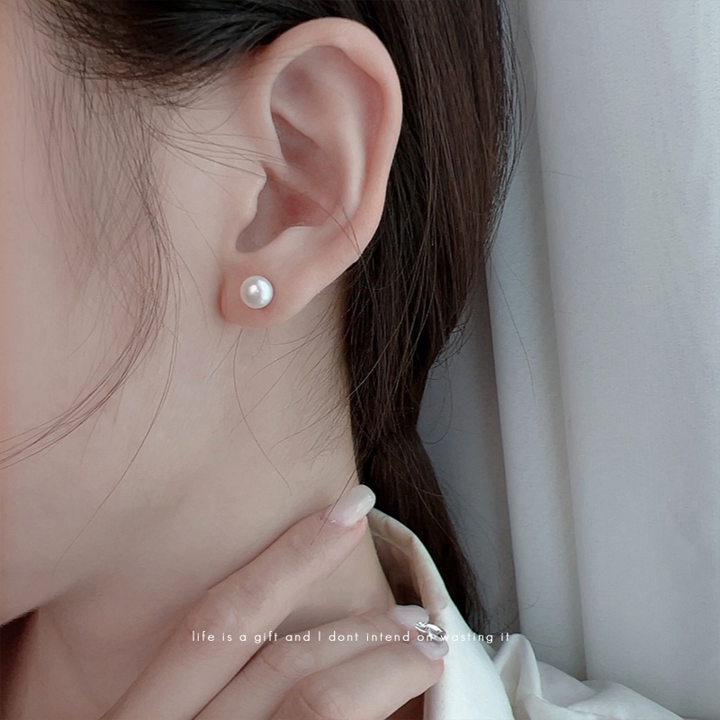 Bông Tai Mạ Bạc 925 Đính Ngọc Trai Nhân Tạo 7mm Thời Trang