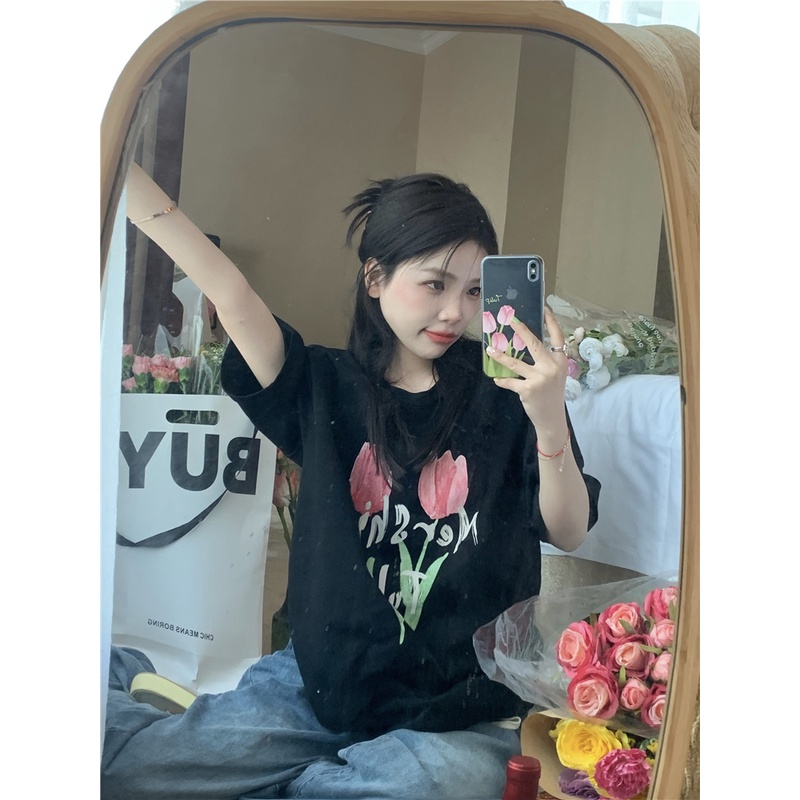 Áo Thun Nữ Cổ Tròn Ngắn Tay In Hình Hoa tulip