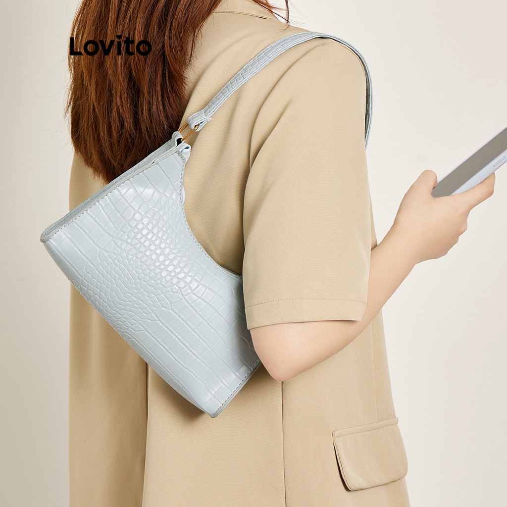 Túi đeo vai LOVITO nhỏ họa tiết tối giản nhẹ vân da cá sấu thanh lịch cho nữ (cà phê/ mơ/ xanh dương nhạt/ xanh lá)