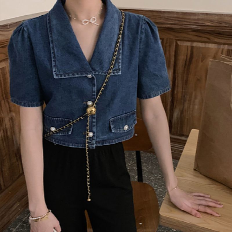 Áo Sơ Mi Denim Tay Ngắn Phong Cách Thời Trang Hàn Quốc Mới 2023