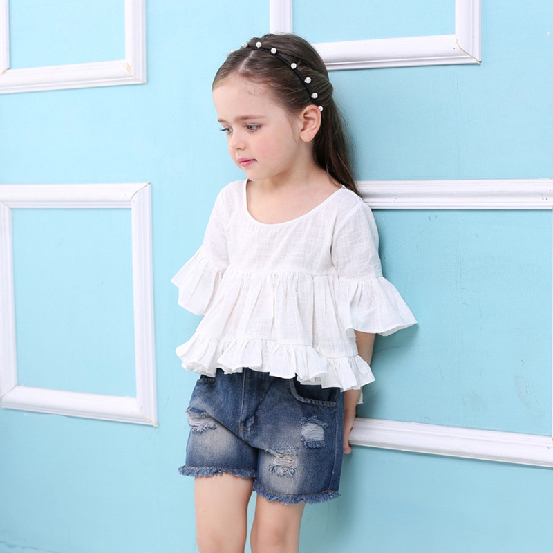 Mã BM302 bộ hè bé gái áo Crop-top phối quần short jean