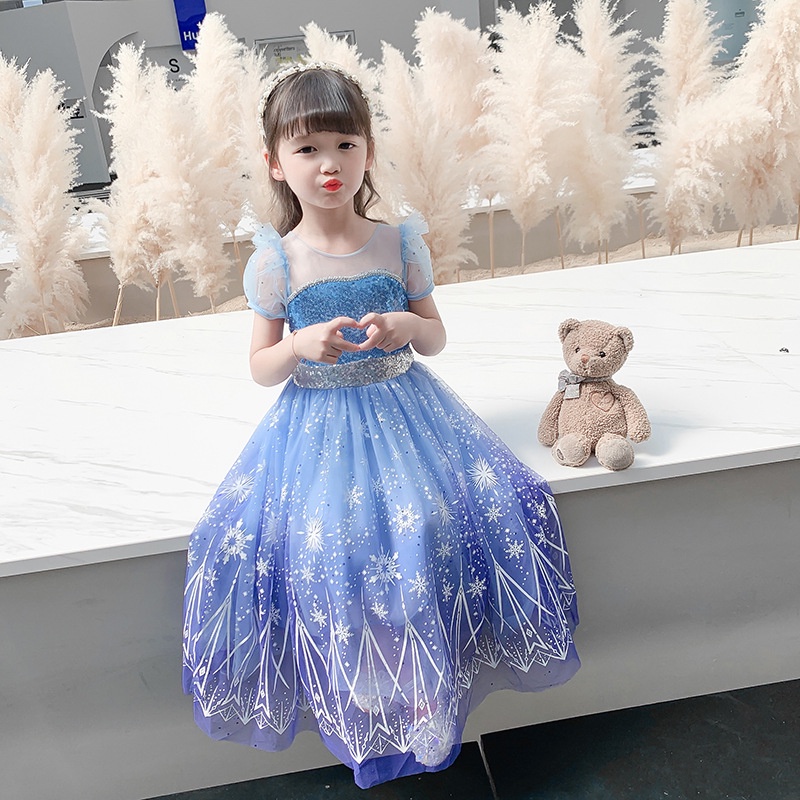 Đầm Công Chúa Elsa 2 Đính Kim Sa Kèm Áo Choàng Xinh Xắn Cho Bé Gái