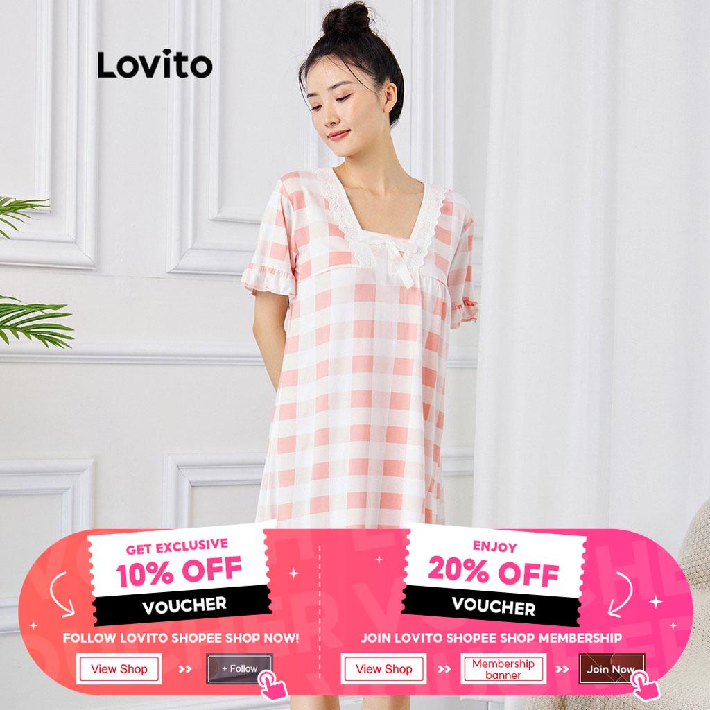 Lovito Đầm Ngủ Phối Ren Họa Tiết Màu Hồng Tương Phản L15X104