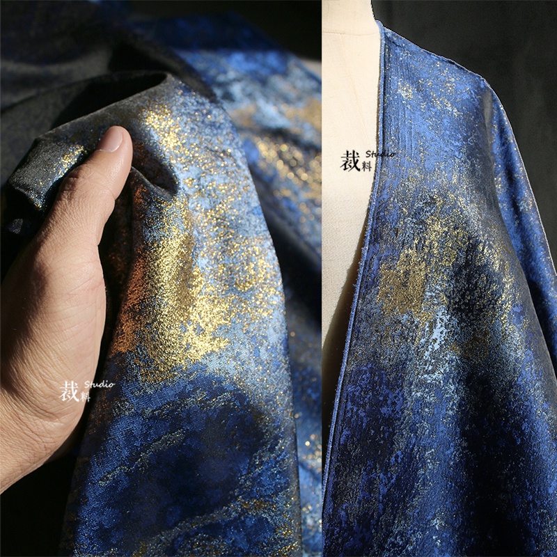 Secret Land Quần Áo Vải Jacquard Hai Mặt Lấp Lánh Ánh Kim Không Đều Màu Xanh Lam Fabri