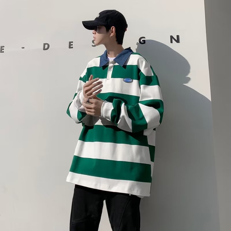 Áo Thun POLO Tay Dài Dáng Rộng Họa Tiết Kẻ Sọc Phong Cách Harajuku Thời Trang Mùa Hè Mới 2023 Dành Cho Bạn Nam