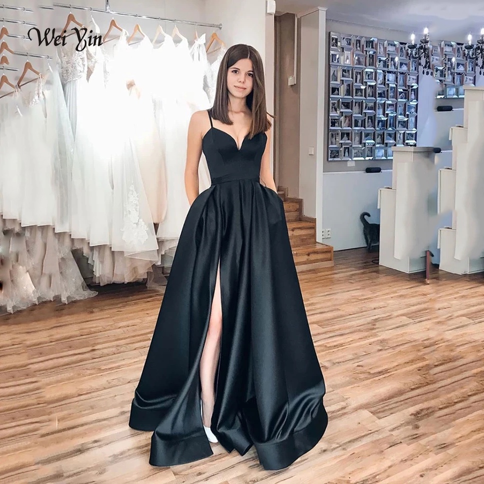 ขอแนะนำWeiyin Váy Dạ Hội Dài Trang Trọng Màu Đen Thanh Lịch Váy Dài De Fiesta Váy Dạ Hội Đơn Giản Satin Xẻ Cao Gợi Cảm
