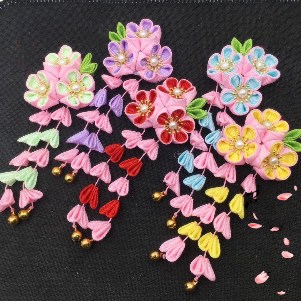 Hi-kid Trâm Cài Tóc Tua Rua Hoa Thủ Công Màu Trơn Phong Cách Nhật Bản Phụ Kiện Hán Phục Kimono Truy Cập