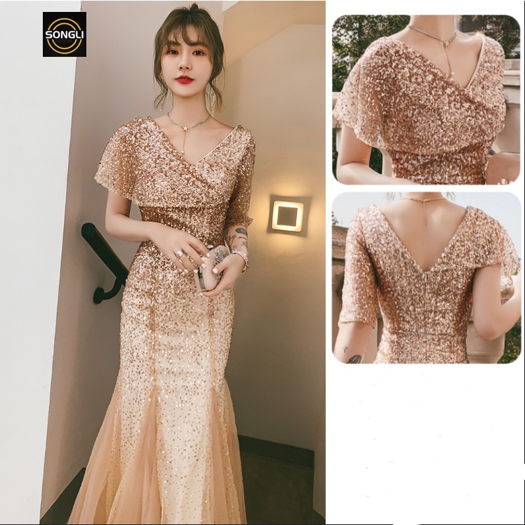 Đầm maxi Đuôi Cá Màu Rượu Champagne Sang Trọng Thời Trang Dự Tiệc