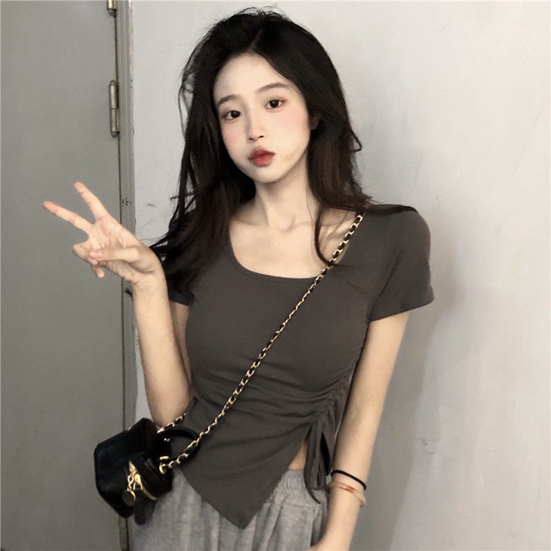 Áo Thun Tay Ngắn Dáng Ôm Thiết Kế Dây Rút Độc Đáo Thời Trang Mùa Hè Mới Cho Nữ