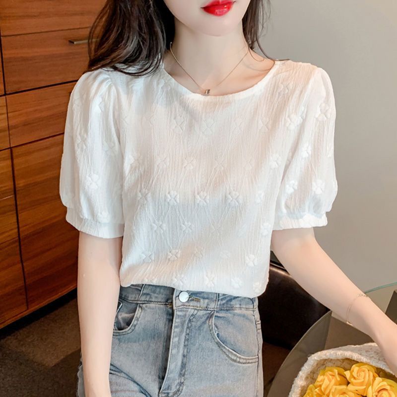 Áo Thun Tay Phồng Ngắn Cổ Tròn Phối Ren Phong Cách Vintage Pháp N518