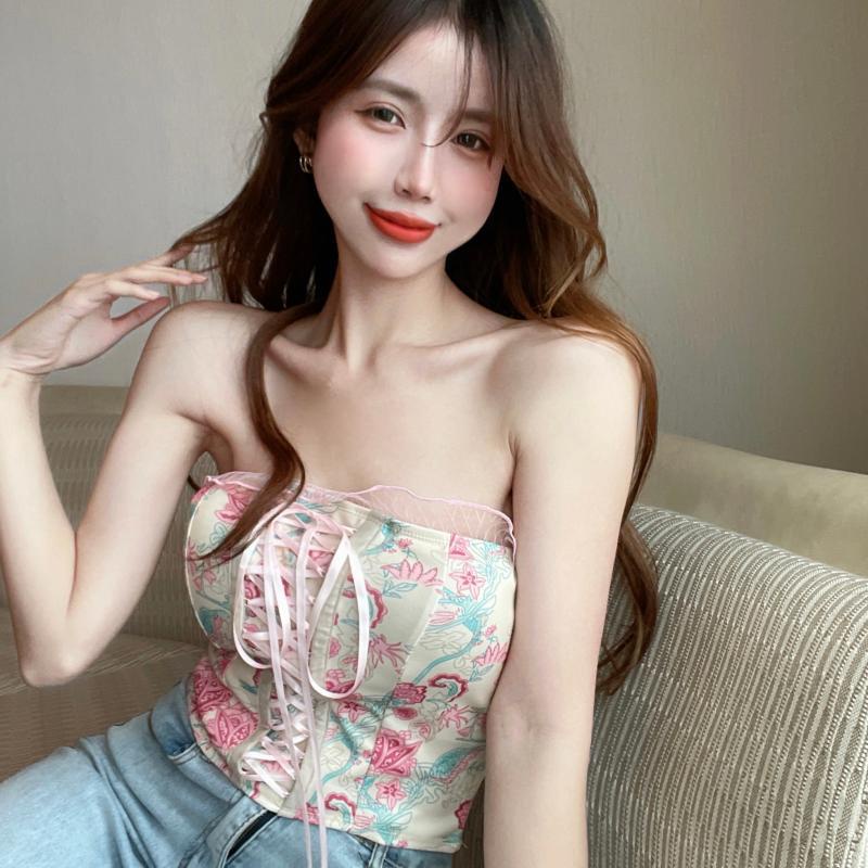 IELGY     Áo Ống Ren Mỏng In Họa Tiết Kiểu Cổ Điển Thời Trang Cho Nữ