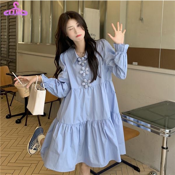 đâm babydoll váy babydoll Đầm Sơ Mi Tay Dài Màu Xanh Dương Phong Cách Pháp Thời Trang Mùa Xuân Mới 2022