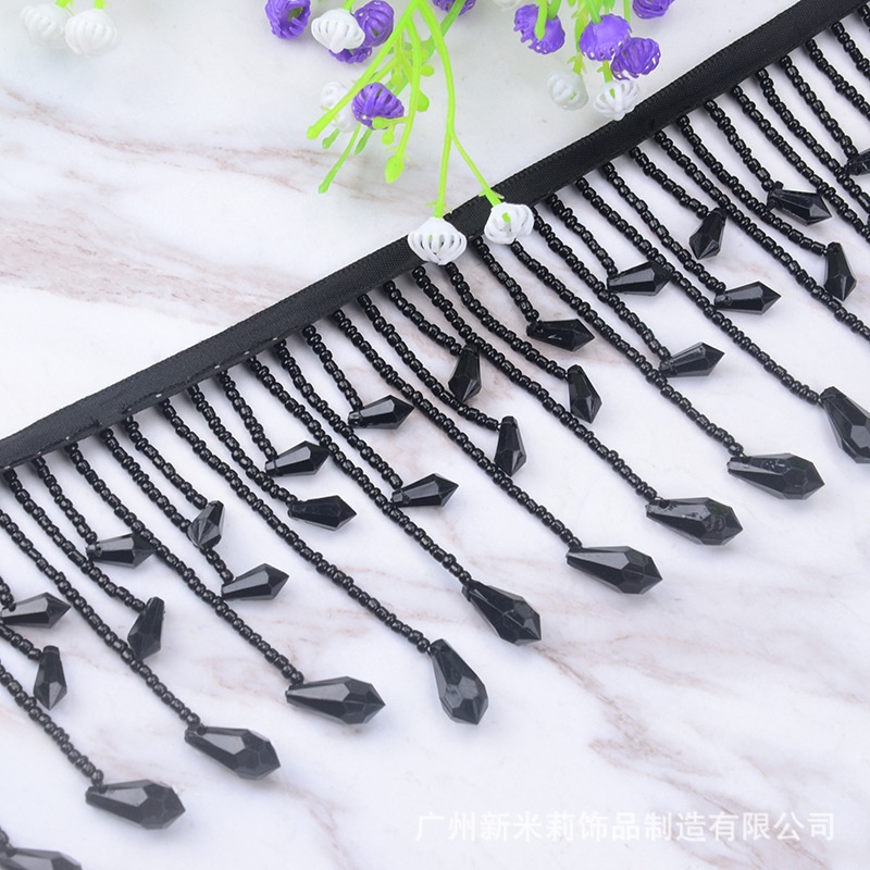 Dây Ruy Băng Ren Đính Hạt Tua Rua 100cm Rộng 8cm Màu Đen Dùng Trang Trí Váy Đầm