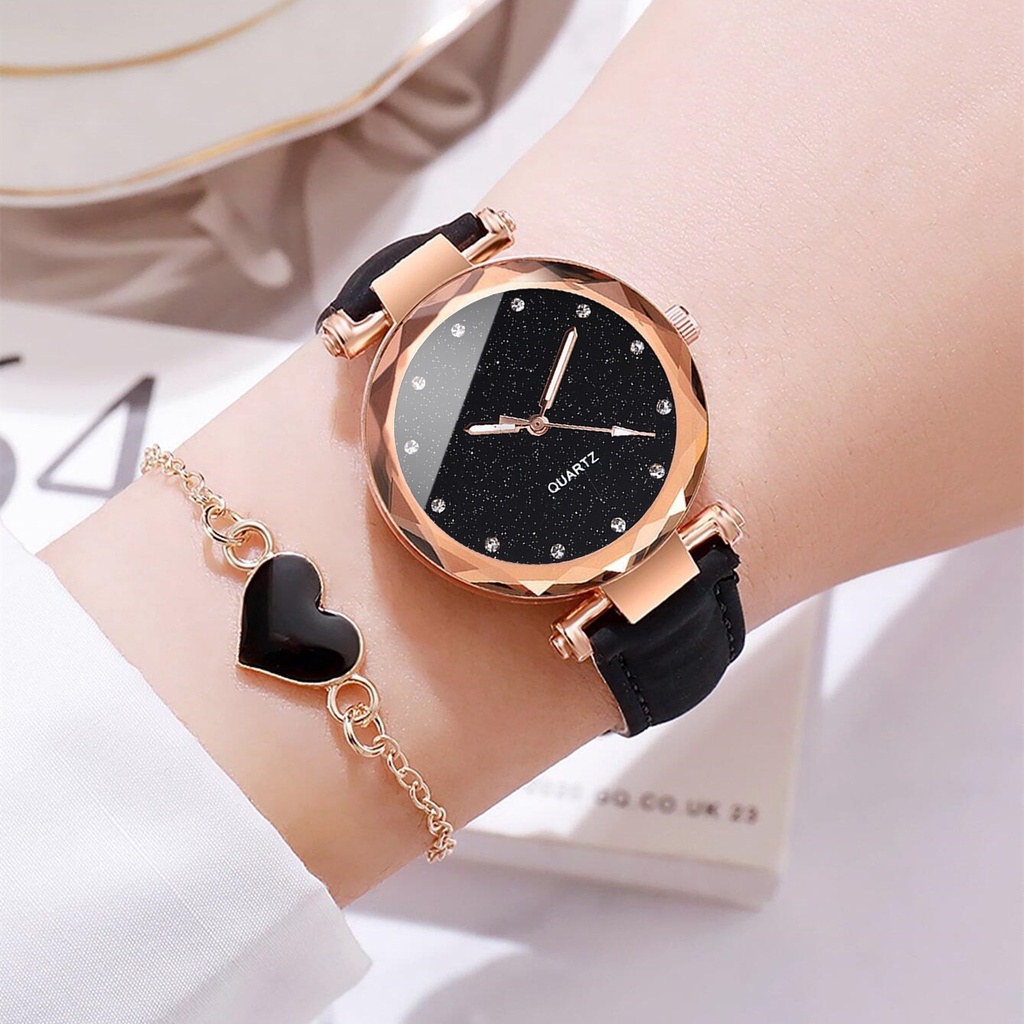 Đồng Hồ Nữ Dây Da Mặt Ánh Sao Lấp Lánh