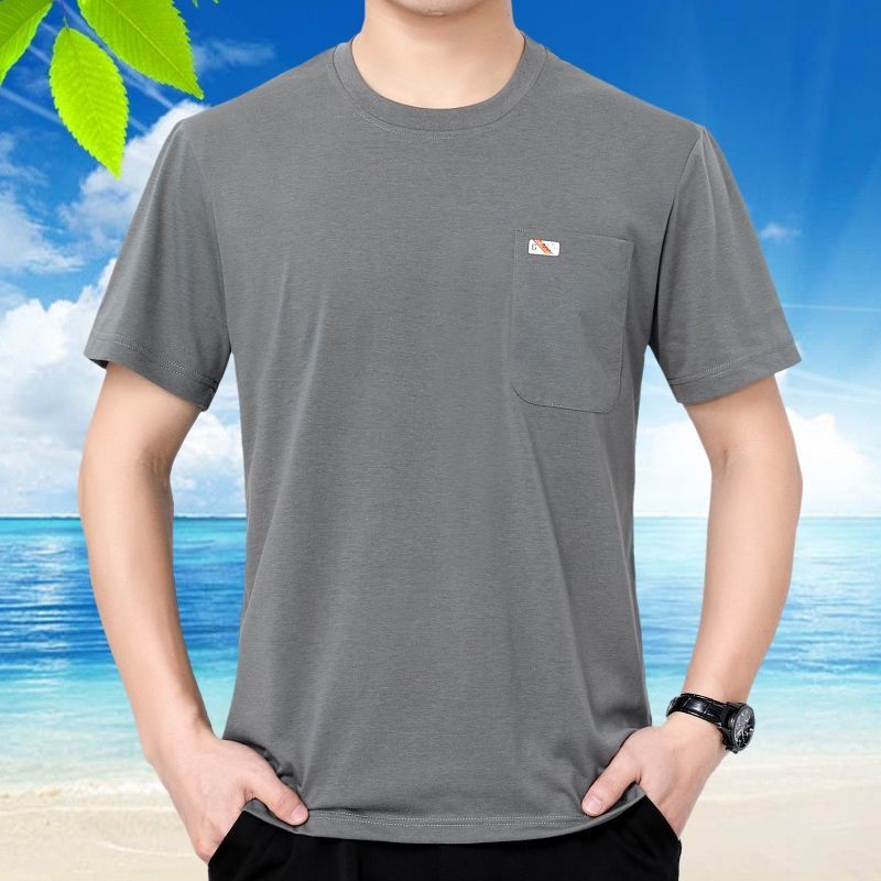 Áo Thun Ngắn Tay Cổ Tròn Có Túi Phong Cách Hàn Quốc Cho Nam Trung Niên