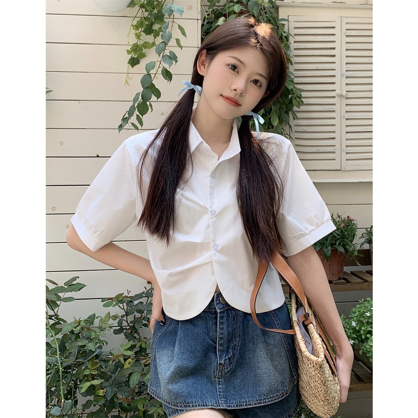 Áo Sơ Mi Tay Ngắn Màu Trắng Phong Cách Pháp Thanh Lịch Dành Cho Nữ