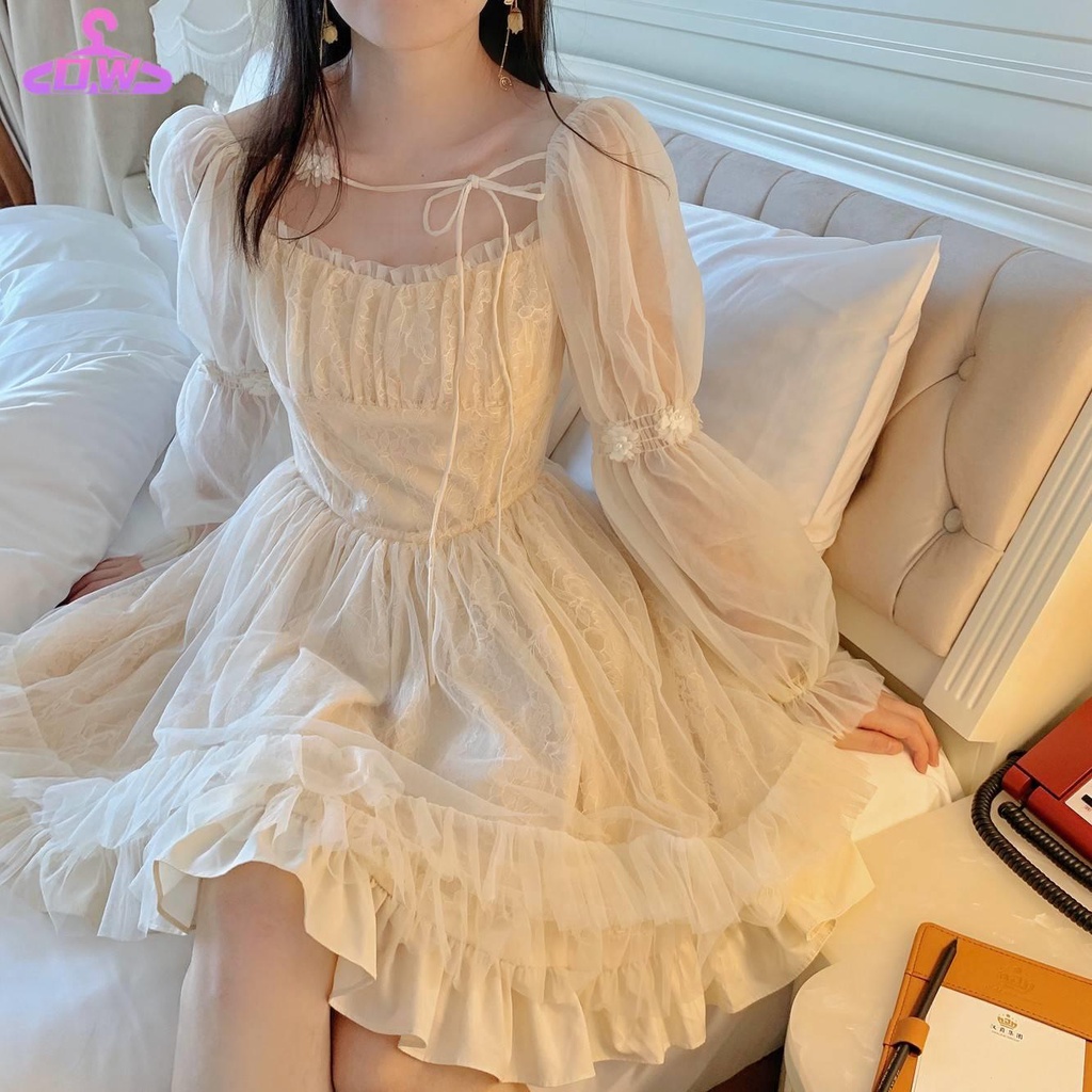 váy babydoll đâm babydoll đâm du tiec Đầm Ren Tay Dài Phong Cách Pháp Cổ Điển Thiết Kế Mới Thời Trang Mùa Thu Cho Nữ