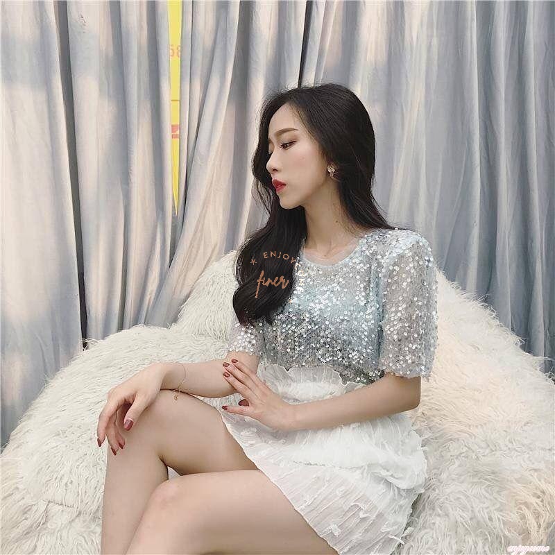 Áo Sơ Mi Chiffon Tay Ngắn Phối Lưới Đính Kim Sa Lấp Lánh Thời Trang Mùa Hè Hàn Quốc 2023