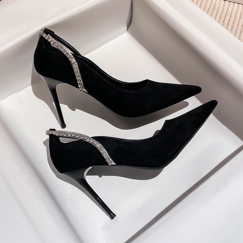 Giày Cao Gót Mũi Nhọn Đính Đá Màu Đen Thời Trang Mùa Thu 2023 Phong Cách Pháp Cho Nữ