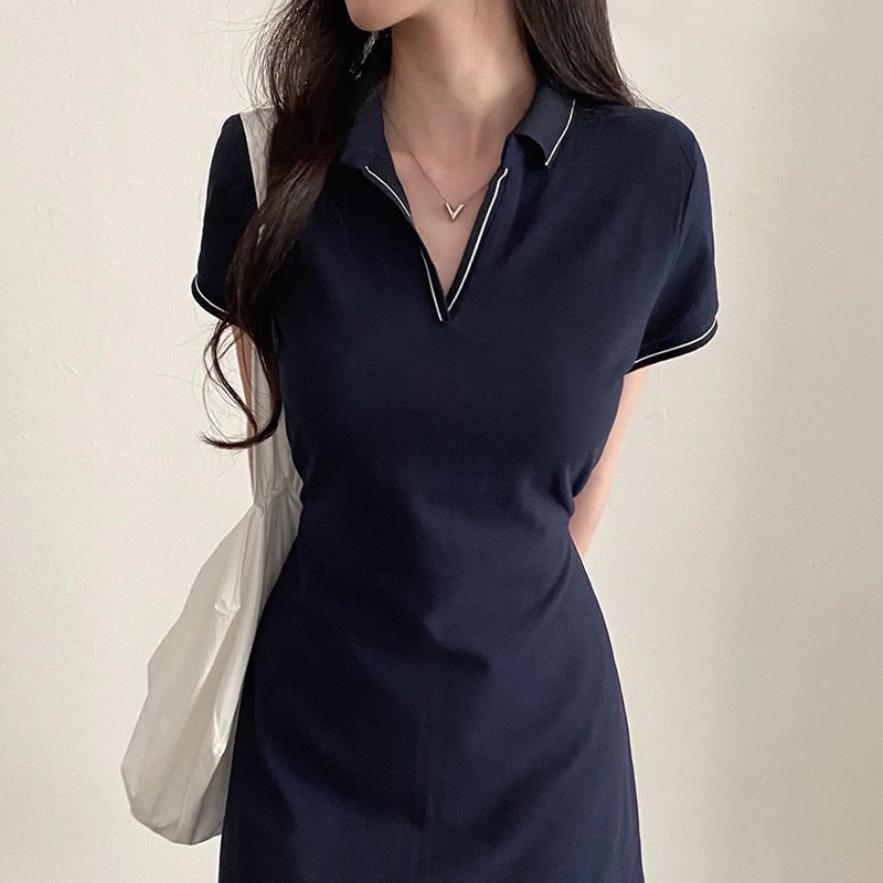 (HÀNG SẴN) Váy sơ mi POLO cộc tay cổ viền thắt eo xòe dài dáng A style Hàn Quốc đơn giản thanh lịch