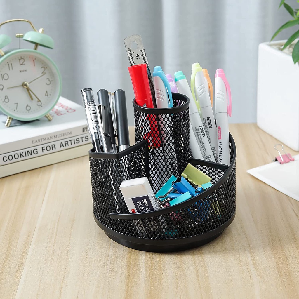 360 Degree Rotating Mesh Desk Organizer Rotating Metal Pen Pencil Desktop Holder With 5 Compartments For School Home Office Art Supply Storage Box
