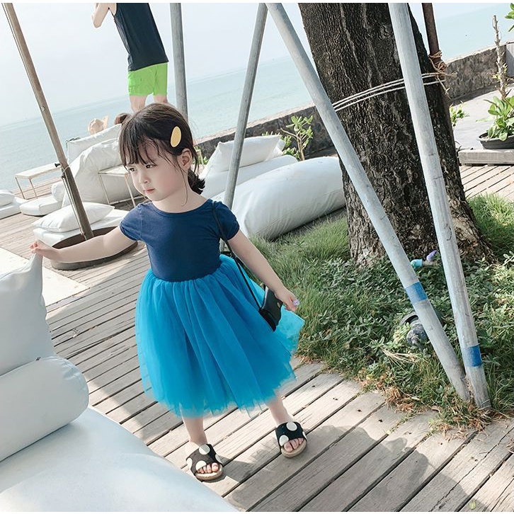 Đầm Lưới Tay Ngắn Màu Trơn Thời Trang Mùa Hè Xinh Xắn Cho Bé Gái