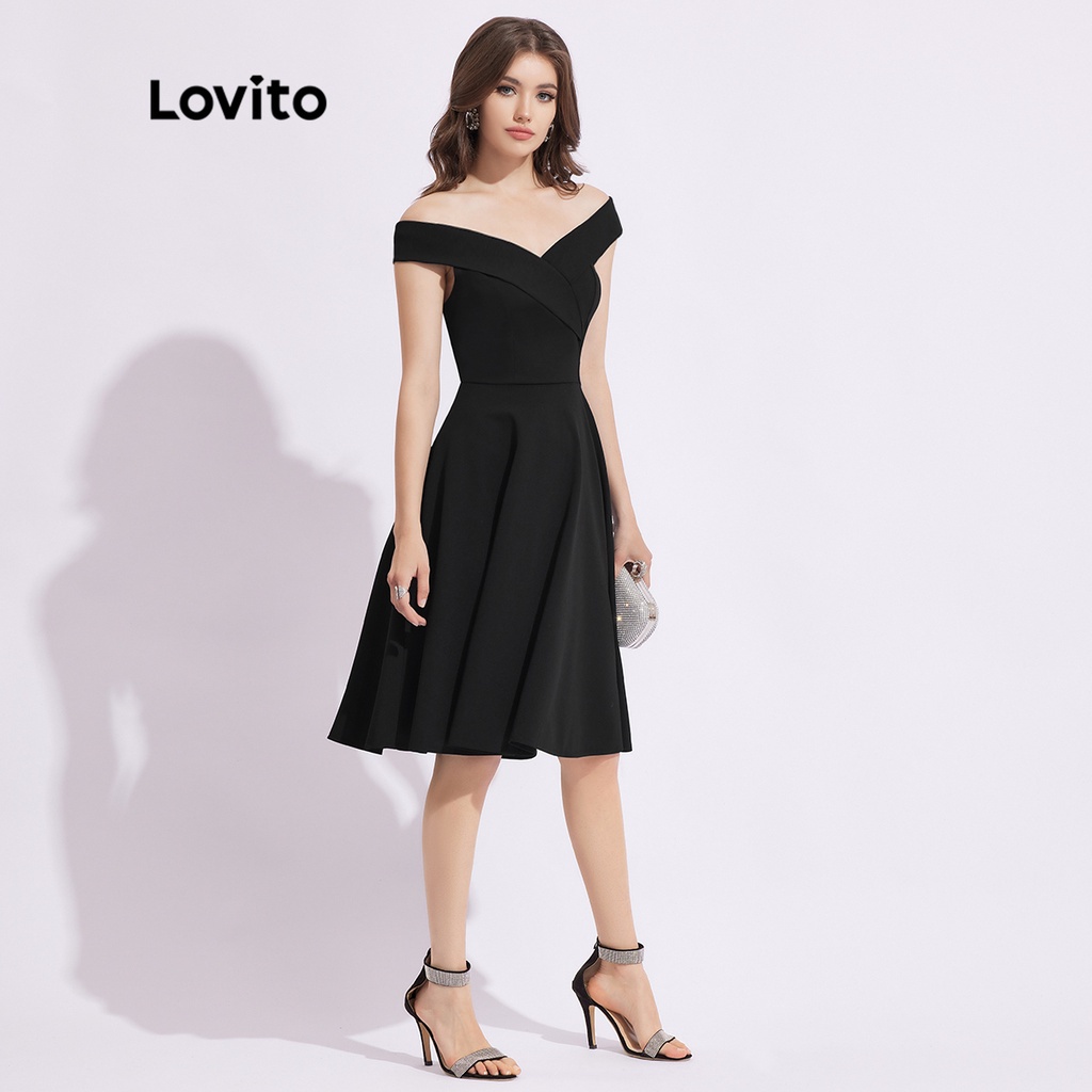 Đầm suông Lovito trễ vai hở lưng eo cao màu trơn phong cách thanh lịch dành cho nữ L41LD022 (đen)