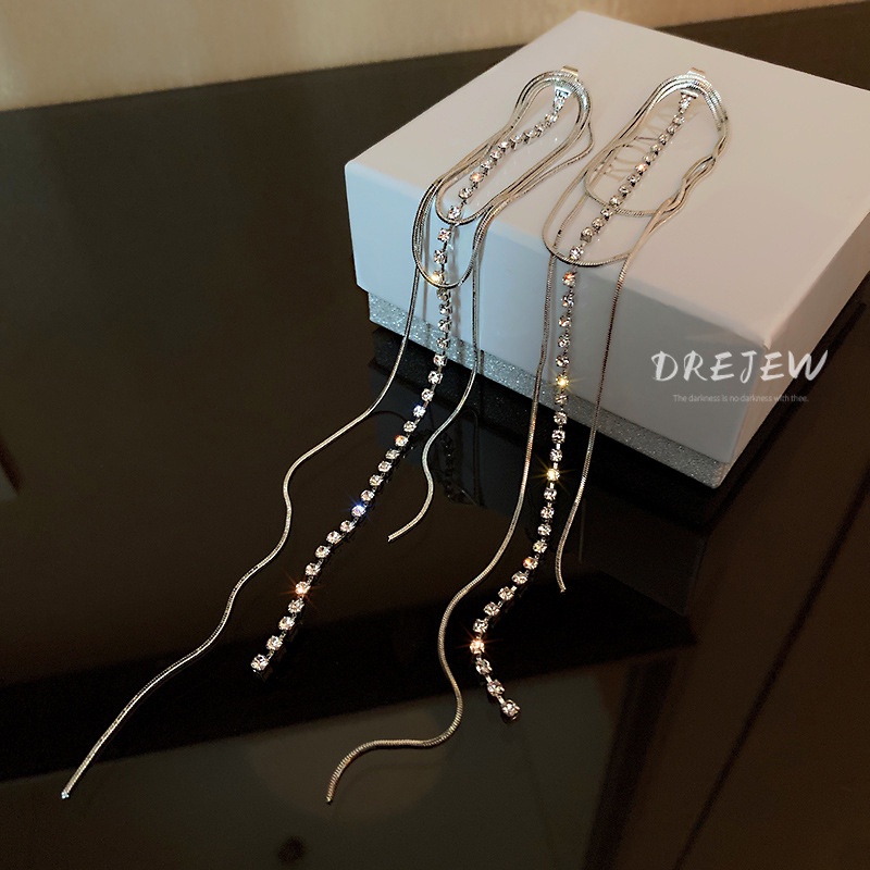Khuyên tai DREJEW dáng dài đính đá zircon phong cách Âu Mỹ thời trang cho nữ