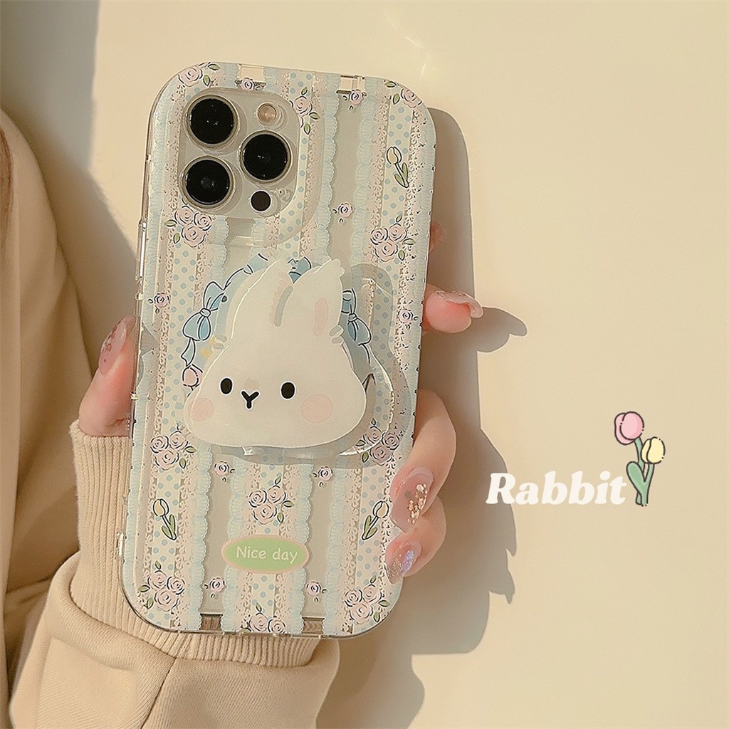 Ốp Điện Thoại TPU Mềm Hình Thỏ Ren Hồng + Giá Đỡ Cho iphone Case 14 Pro Max 13 Pro Max 12 Pro Max