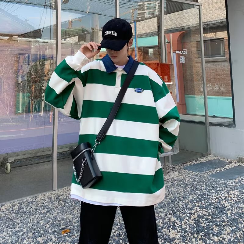 Áo Thun POLO Tay Dài Dáng Rộng Họa Tiết Kẻ Sọc Phong Cách Harajuku Thời Trang Mùa Hè Mới 2023 Dành Cho Bạn Nam