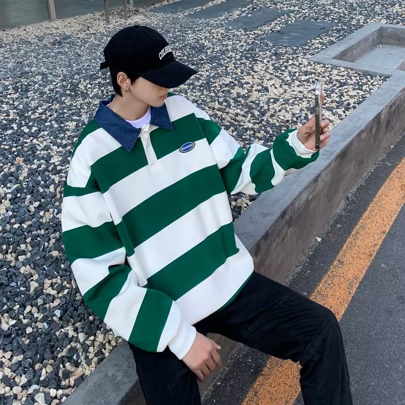 Áo Thun POLO Tay Dài Dáng Rộng Họa Tiết Kẻ Sọc Phong Cách Harajuku Thời Trang Mùa Hè Mới 2023 Dành Cho Bạn Nam