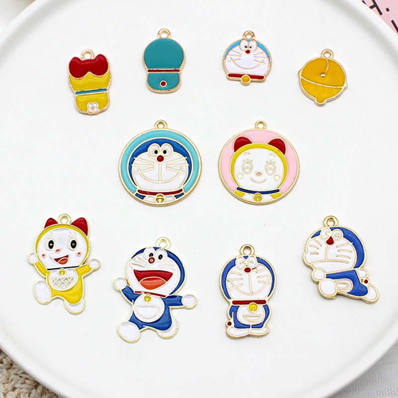 Bộ 2 Mặt Vòng cổ / Móc Khóa Hình Doraemon Tráng Men Thủ Công DIY 027
