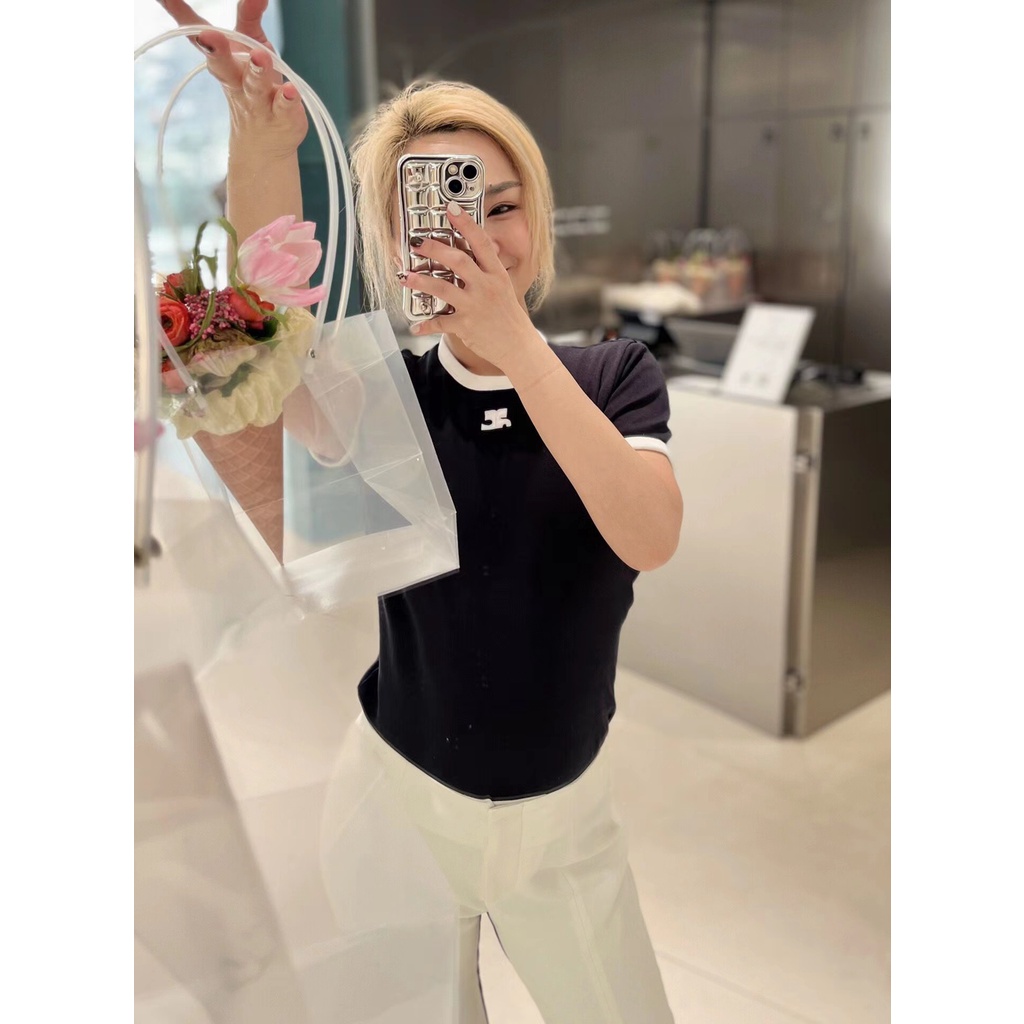 Áo Thun Tay Ngắn Cổ Tròn Màu Sắc Tương Phản Thêu logo Thương Hiệu Niche courreges jennie Jin Zhini