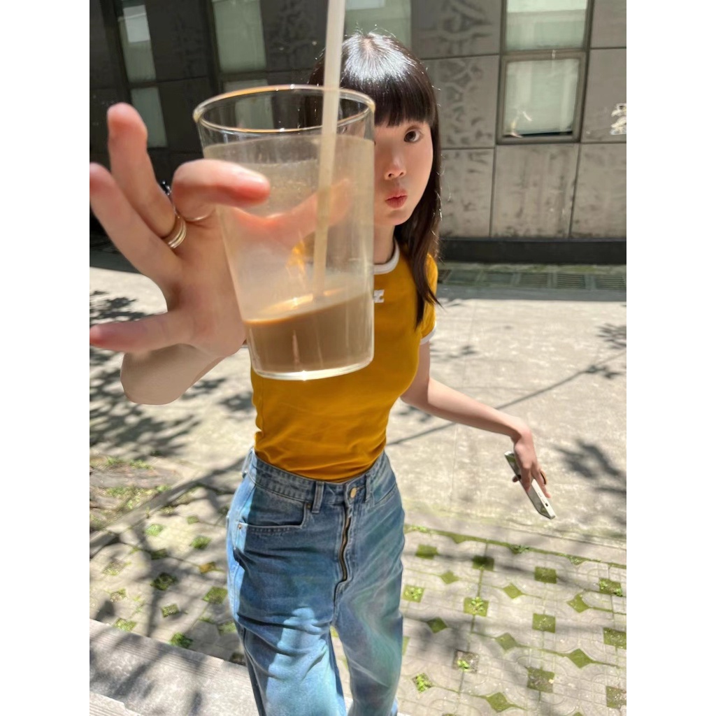 Áo Thun Tay Ngắn Cổ Tròn Màu Sắc Tương Phản Thêu logo Thương Hiệu Niche courreges jennie Jin Zhini