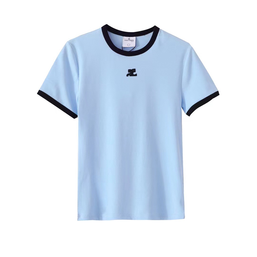 Áo Thun Tay Ngắn Cổ Tròn Màu Sắc Tương Phản Thêu logo Thương Hiệu Niche courreges jennie Jin Zhini