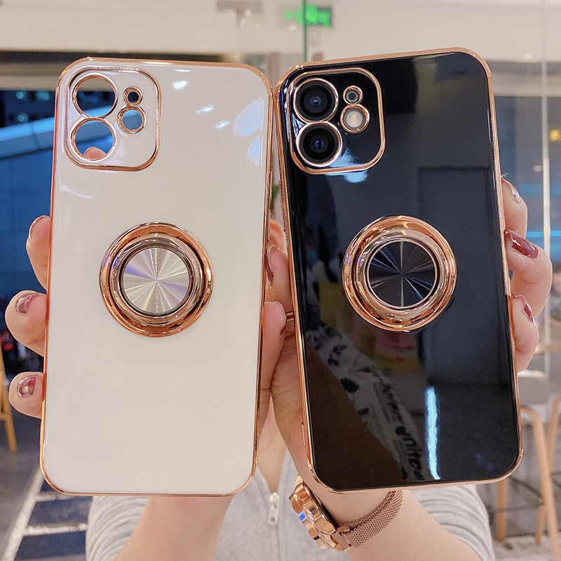 Ốp Điện Thoại Silicone Mạ Vàng Sang Trọng Có Vòng Nhẫn Giá Đỡ Kim Loại Cho iPhone 11 7 8 Plus 12 13 Pro Max XS XR 14