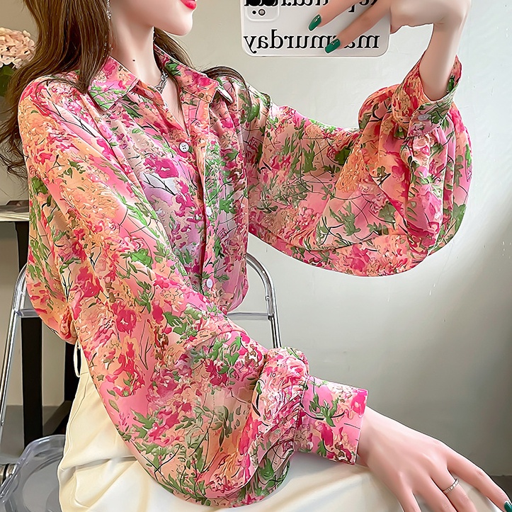 Áo Sơ Mi Chiffon Tay Dài Phồng Dáng Rộng In Họa Tiết Màu Hồng Thời Trang Cho Nữ