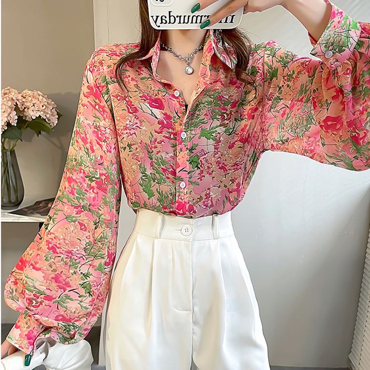 Áo Sơ Mi Chiffon Tay Dài Phồng Dáng Rộng In Họa Tiết Màu Hồng Thời Trang Cho Nữ