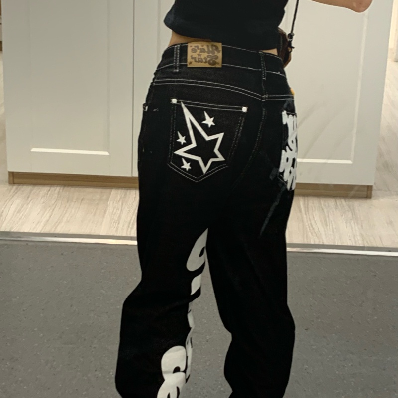000 คน Quần Jean Baggy In Chữ Quần Bò Nữ Cạp Cao Hip Hop Cổ Điển Đường Phố Cao Cấp Quần Bò Nữ Ống Rộng Ống Đứng Thường N
