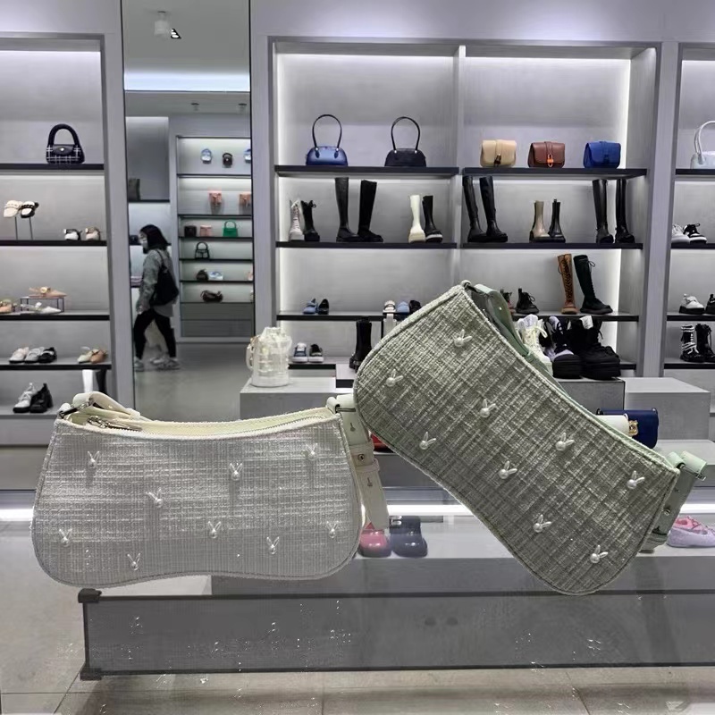 Cnk Túi đeo dưới cánh tay / Đeo Một Cánh Tay / Đeo Một Bên Vai Bằng Vải Tuýt Có Mùi Thơm Đính Ngọc Trai Hình Tai Thỏ Nhỏ