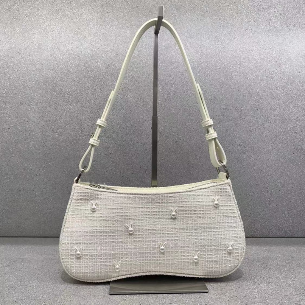 Cnk Túi đeo dưới cánh tay / Đeo Một Cánh Tay / Đeo Một Bên Vai Bằng Vải Tuýt Có Mùi Thơm Đính Ngọc Trai Hình Tai Thỏ Nhỏ