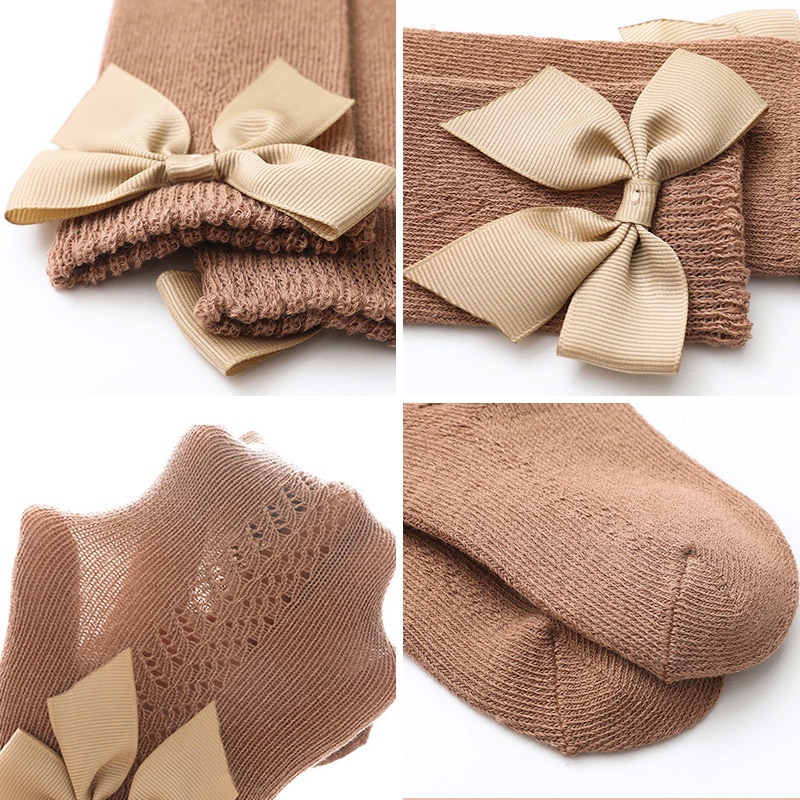 Vớ Lưới Cổ Cao Phối Nơ Thoáng Khí Màu Trơn Dễ Thương Thời Trang Mùa Hè Cho Bé Gái