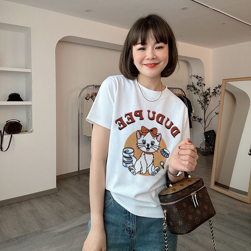 Áo thun NRVP 100% cotton tay ngắn dáng rộng in họa tiết phong cách Hàn Quốc thời trang cho nữ