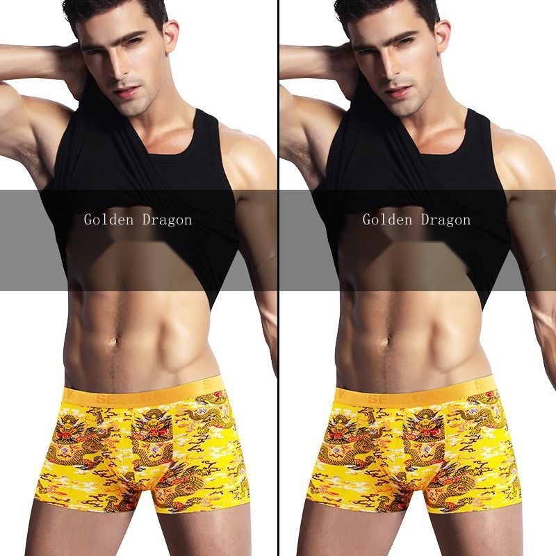 Quần Lót Boxer Cotton Thoáng Khí In Hình Rồng Vàng Quyến Rũ Cho Nam