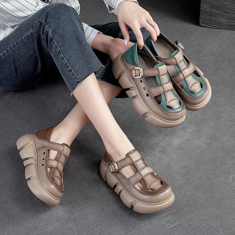 Giày Sandal Đế Dày Bằng Da Cao Cấp Phong Cách Phương Tây Thời Trang Mùa Hè Dành Cho Nữ