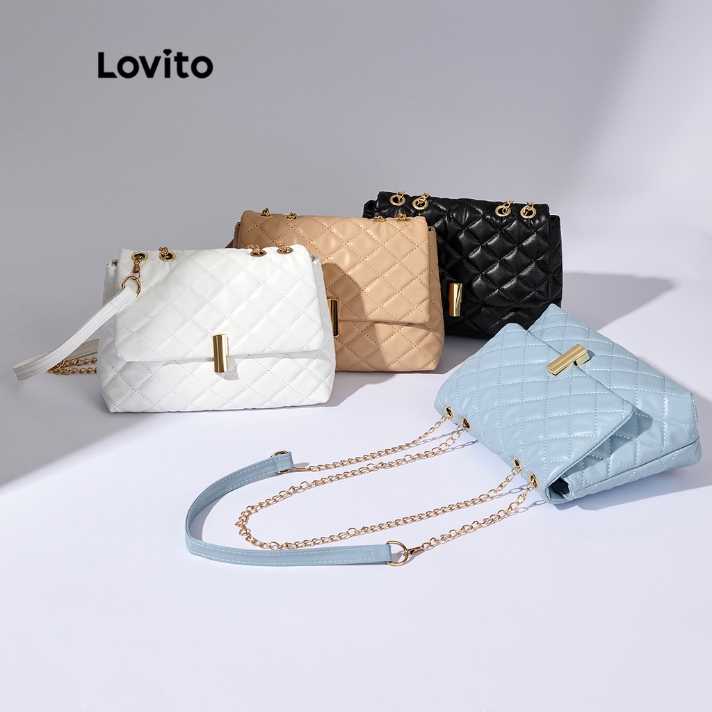 Lovito Elegant Trơn Kim Cương Quilting Kim Loại Dây Đeo Chuỗi Trọng Lượng Nhẹ Túi Vuông L38BA04 (Trắng/Đen/Kaki/Xanh dương)