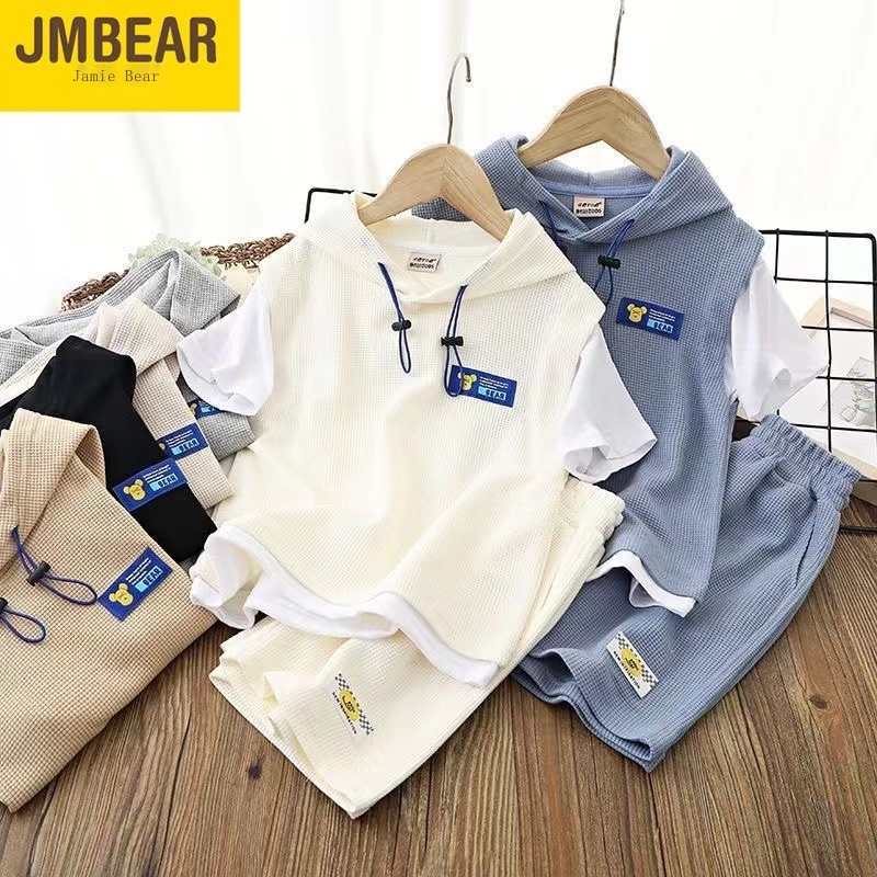Set Áo Thun Ngắn Tay Có Mũ Giả Hai Lớp + Quần Short Thời Trang Mùa Hè Cho Bé Trai